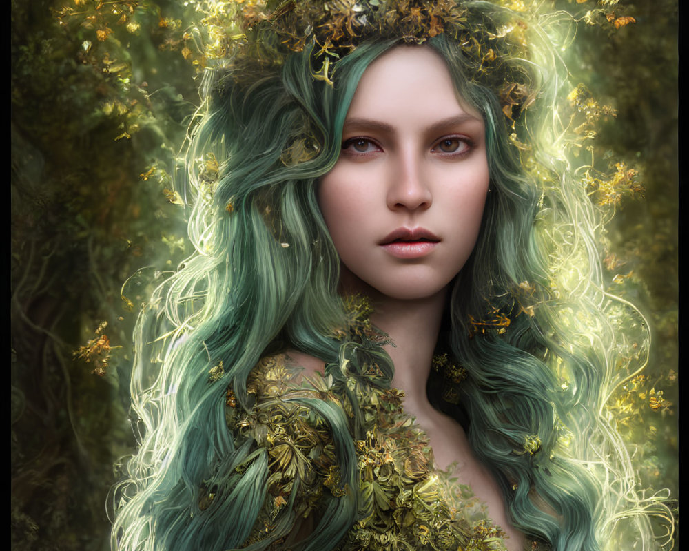 Digital artwork: Woman with green, wavy hair and gold leaf crown in mystical forest scene