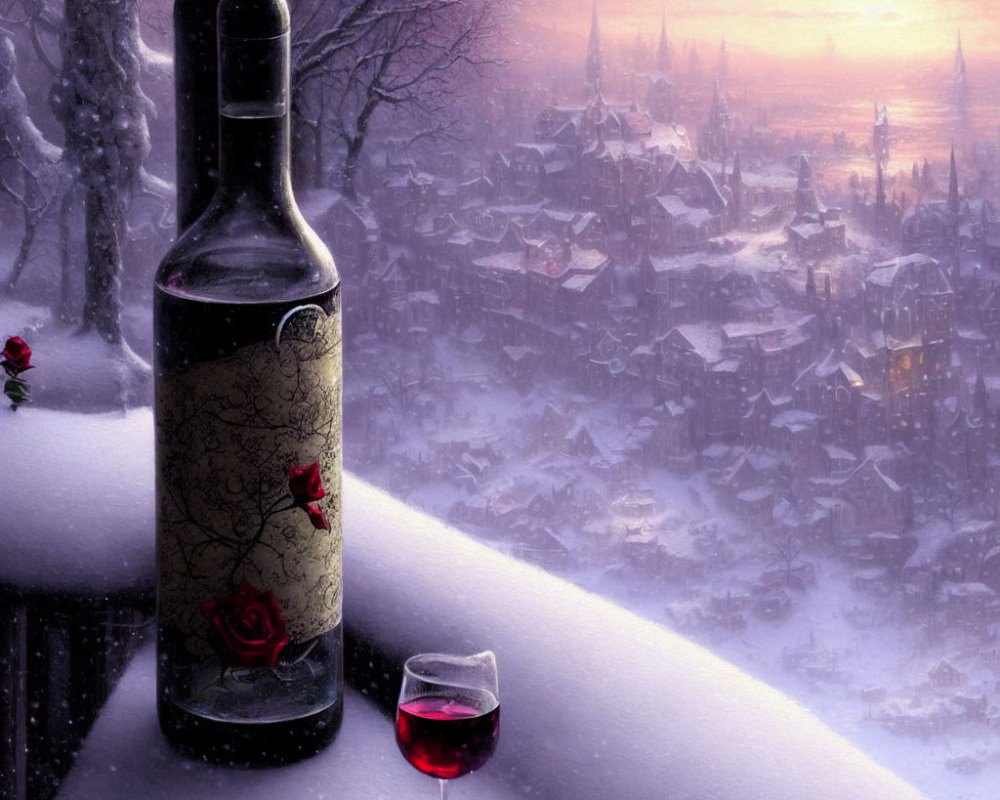 Red wine bottle and glass on snowy twilight village backdrop.