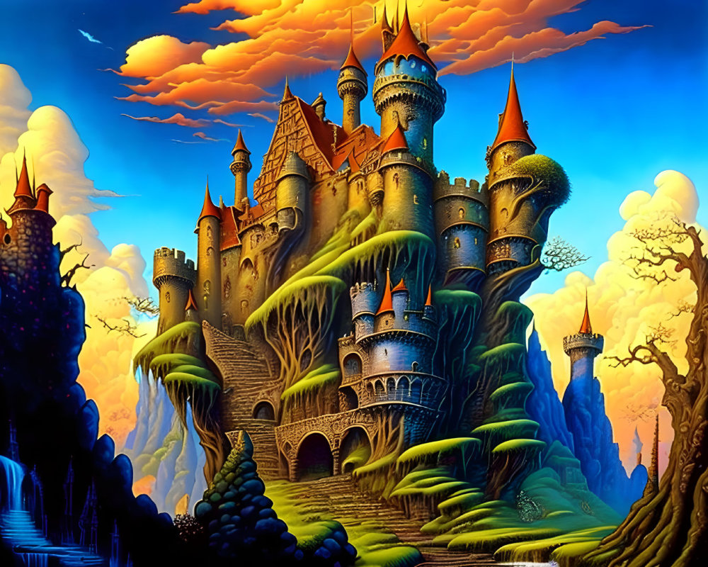 Castle with Multiple Spires on Hill Amid Twisted Trees and Orange Sunset Sky