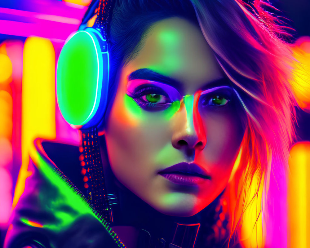 Woman with Headphones in Vibrant Neon-Lit Setting