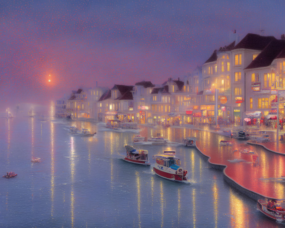 Tranquil riverside scene with boats and twinkling lights