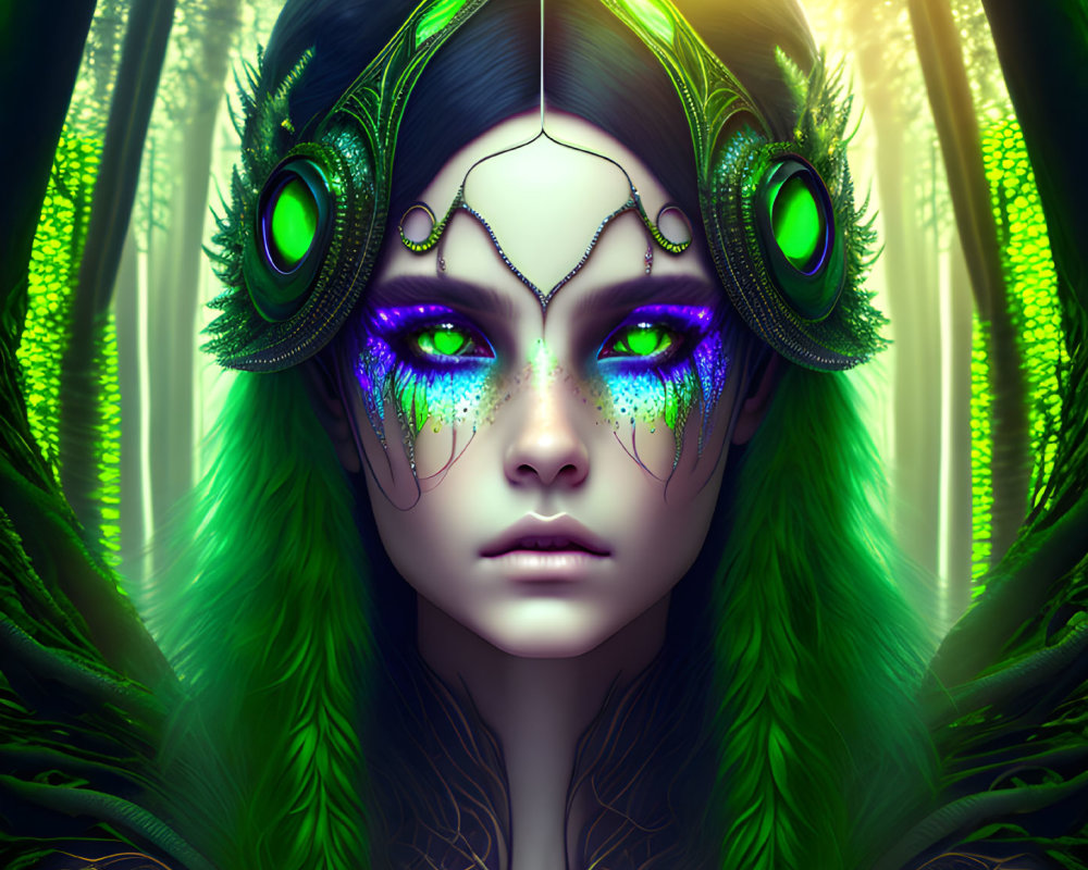 Digital portrait of mythical female figure with vibrant green eyes, feathered ear adornments, and decorative head