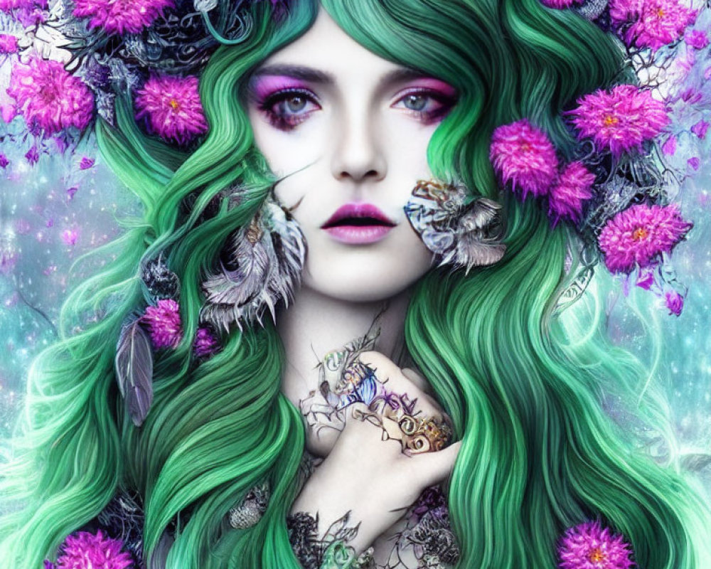 Fantasy illustration of woman with green hair, purple eyes, and butterfly on hand