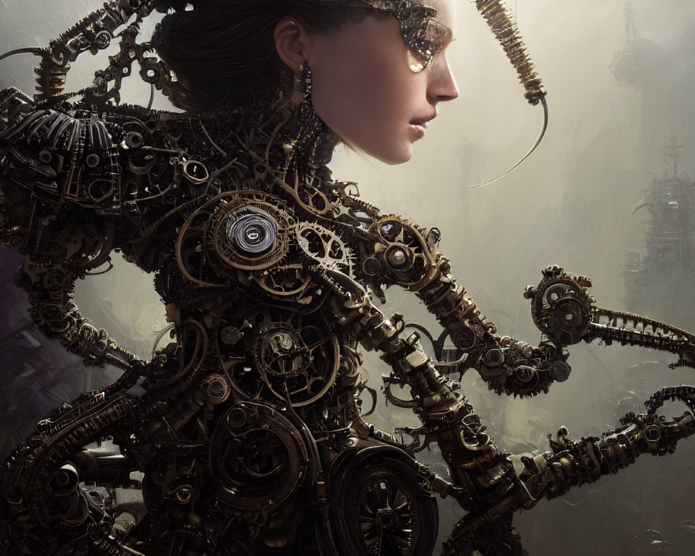 Steampunk Female Figure Profile with Mechanical Components in Industrial Setting