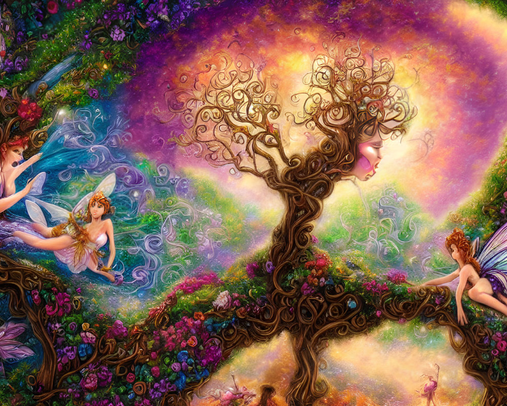 Fantasy artwork: Woman silhouette tree, fairies, colorful flowers