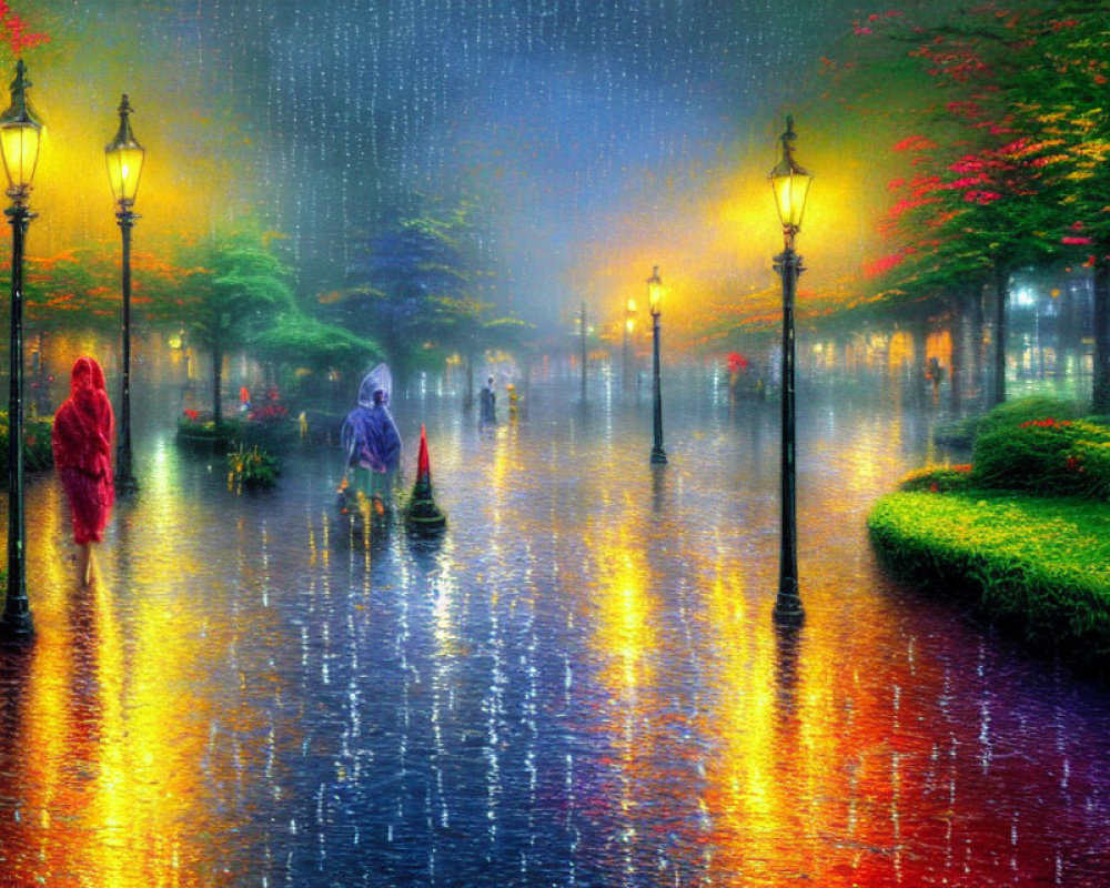 Colorful Painting of People with Umbrellas on Rainy Street