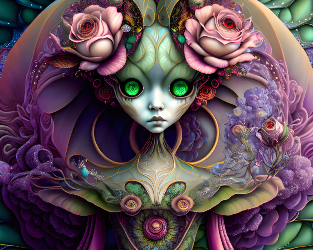 Fantasy digital art: Heart-shaped face, green eyes, floral patterns