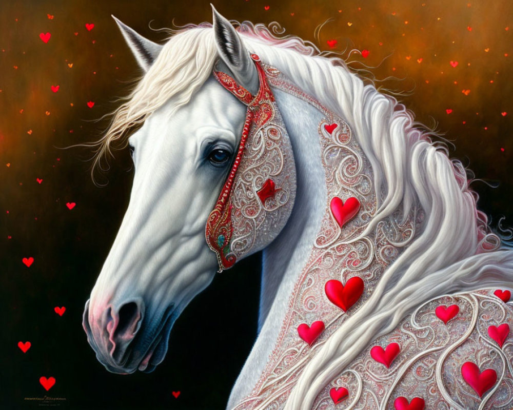 White Horse with Red Heart Decorations on Dark Background