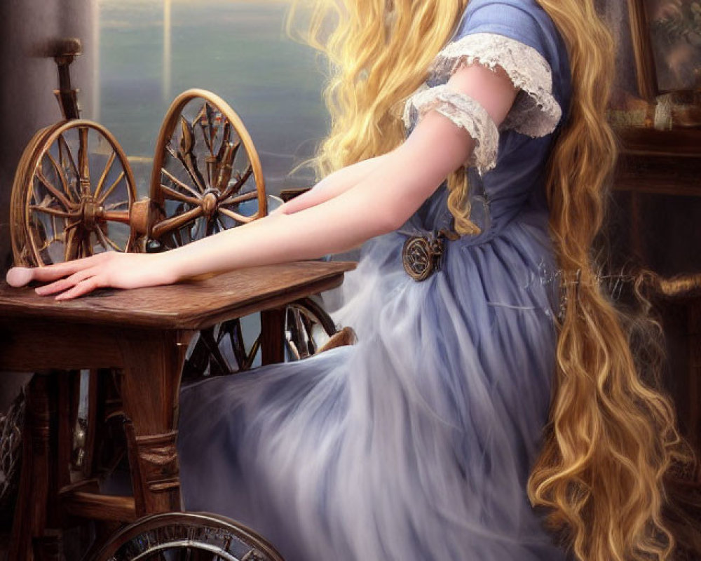 Blonde woman in blue dress by wooden spinning wheel