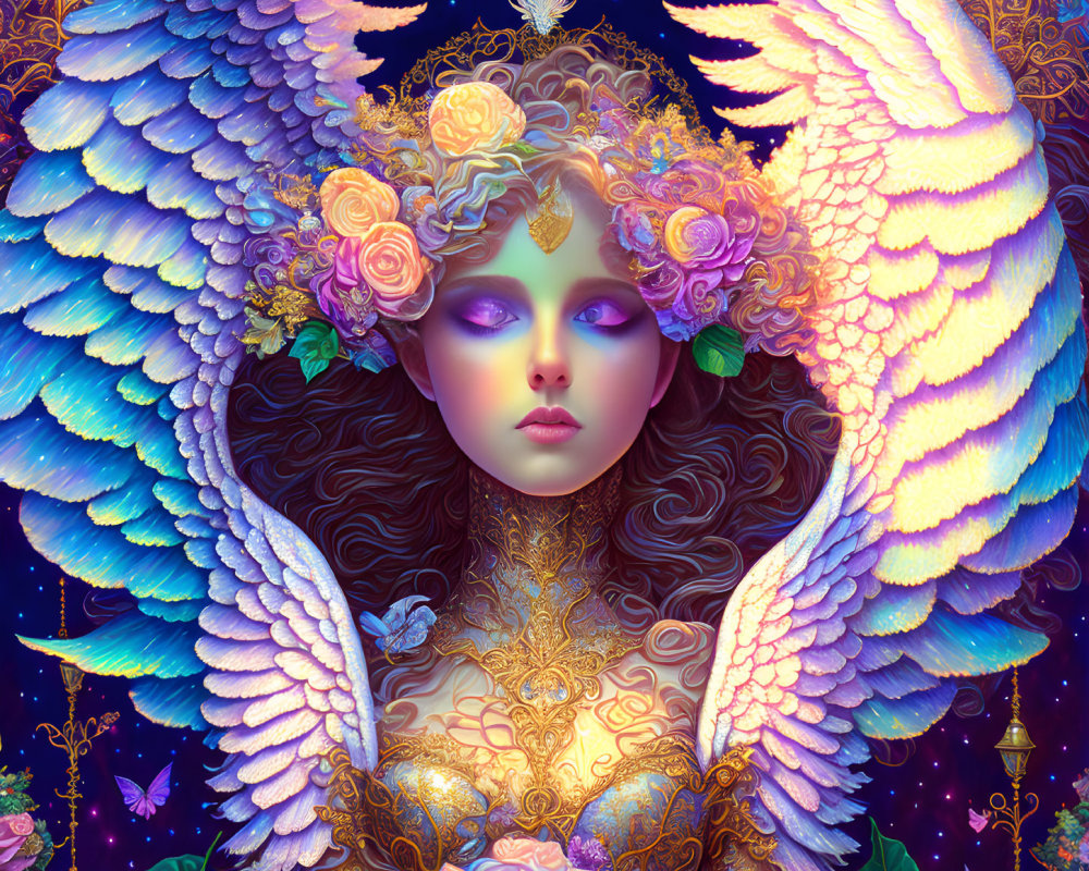 Colorful Illustration of Mystical Being with White Wings and Floral Accents