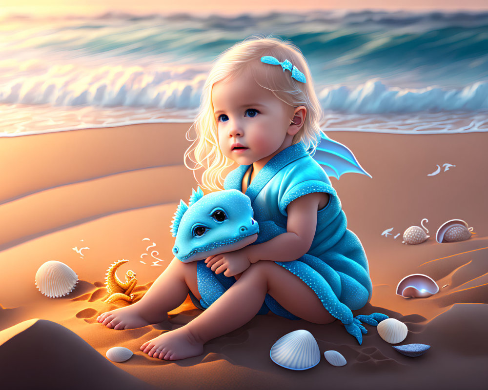 Toddler in Blue Outfit with Toy Dragon on Sandy Beach at Sunset