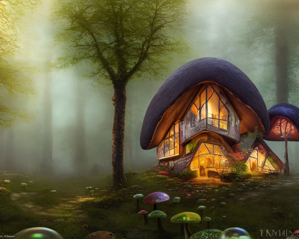 Enchanting mushroom-shaped house in foggy forest with colorful mushrooms