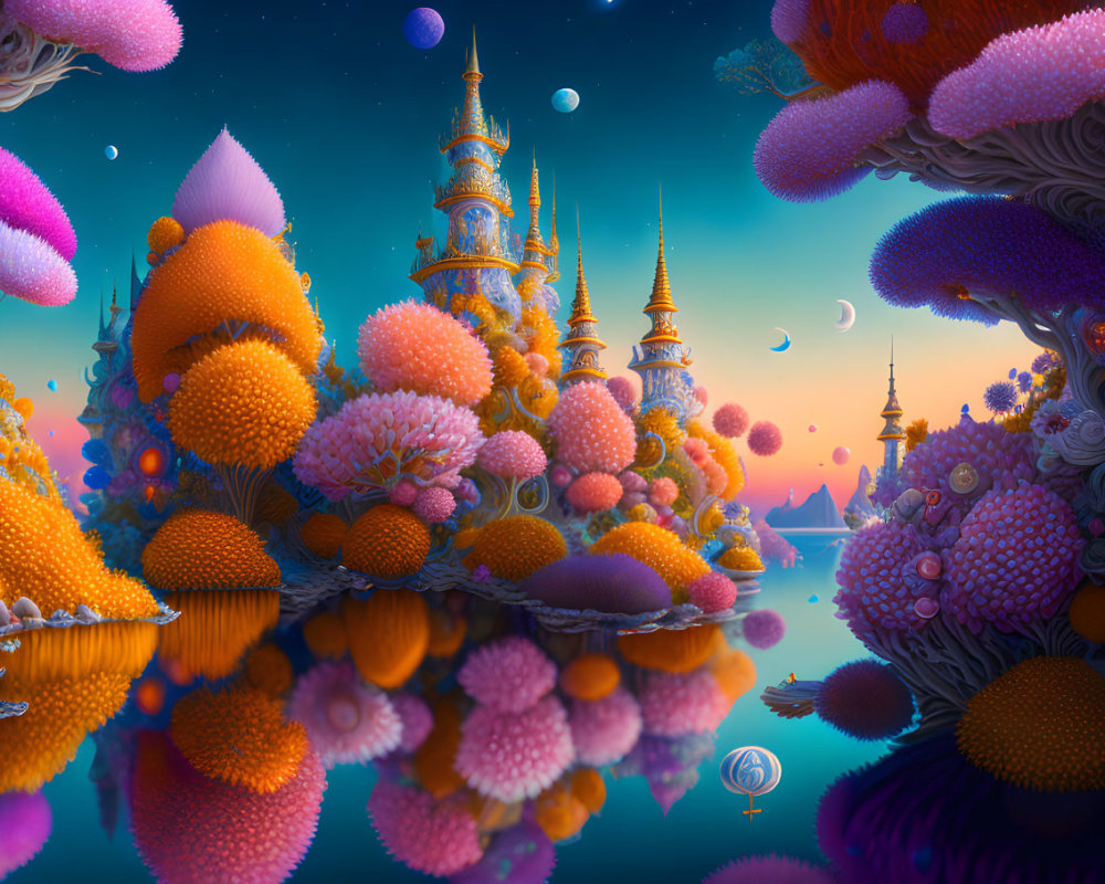 Fantastical landscape with colorful coral structures and whimsical towers under twilight sky.