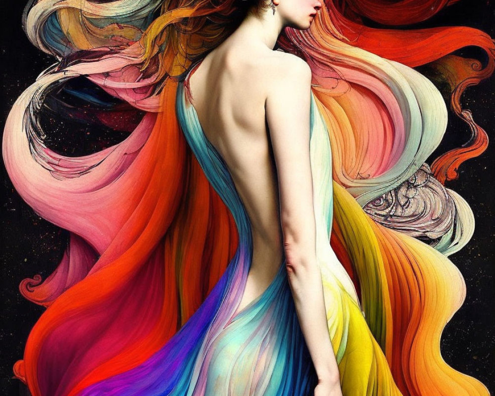 Vibrant artwork of woman with rainbow hair on dark backdrop