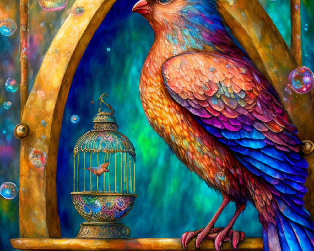 Colorful Bird Perched Near Birdcage on Whimsical Background