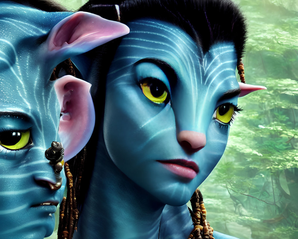 Blue-skinned cat-like humanoids with tribal accessories in lush forest