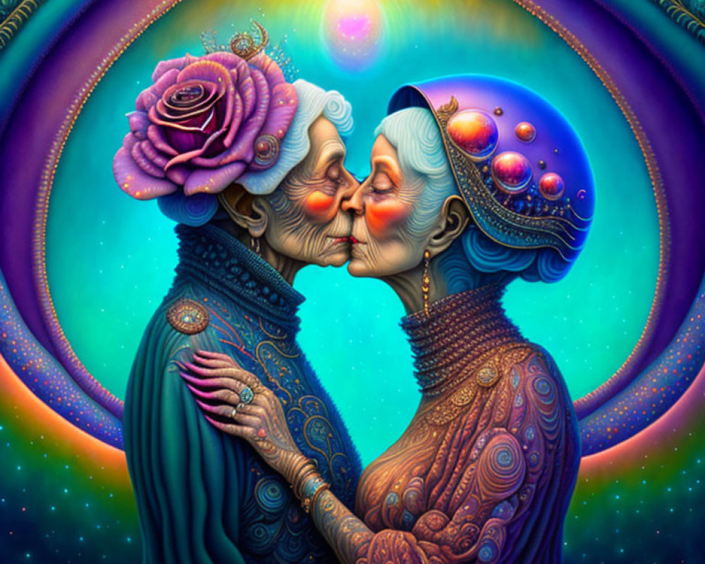 Elderly beings with blue skin kissing in cosmic aura with rose crown