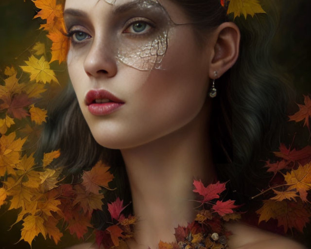 Woman with Autumn Leaves and Berries in Hair and Leaf-Pattern Makeup