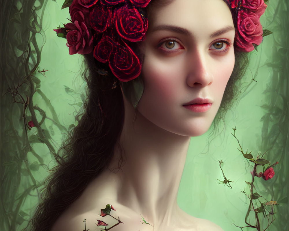 Young woman with red rose crown surrounded by thorny stems on green background