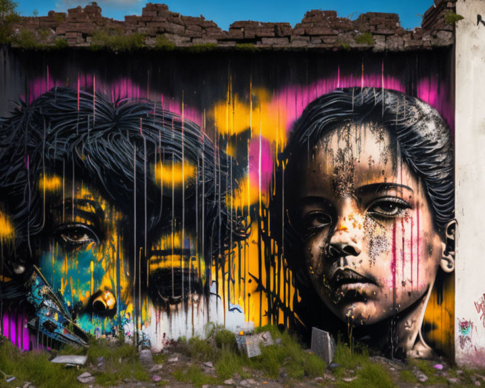 Urban wall mural of two children's faces with expressive eyes in dark tones and bright yellow and pink accents