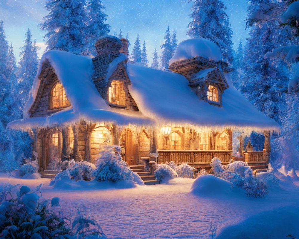 Snow-covered log cabin in serene winter forest at twilight