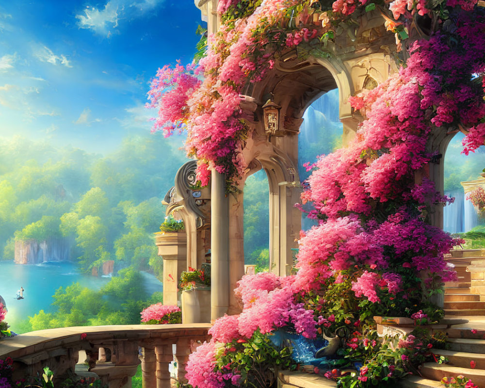 Luxurious balcony with pink blossoms overlooking tranquil lake and waterfalls