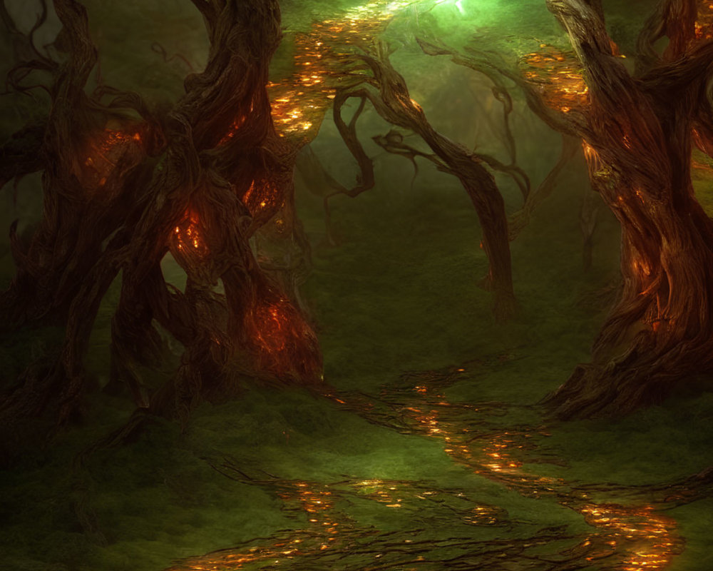 Enchanting forest with twisted trees and glowing path to green light