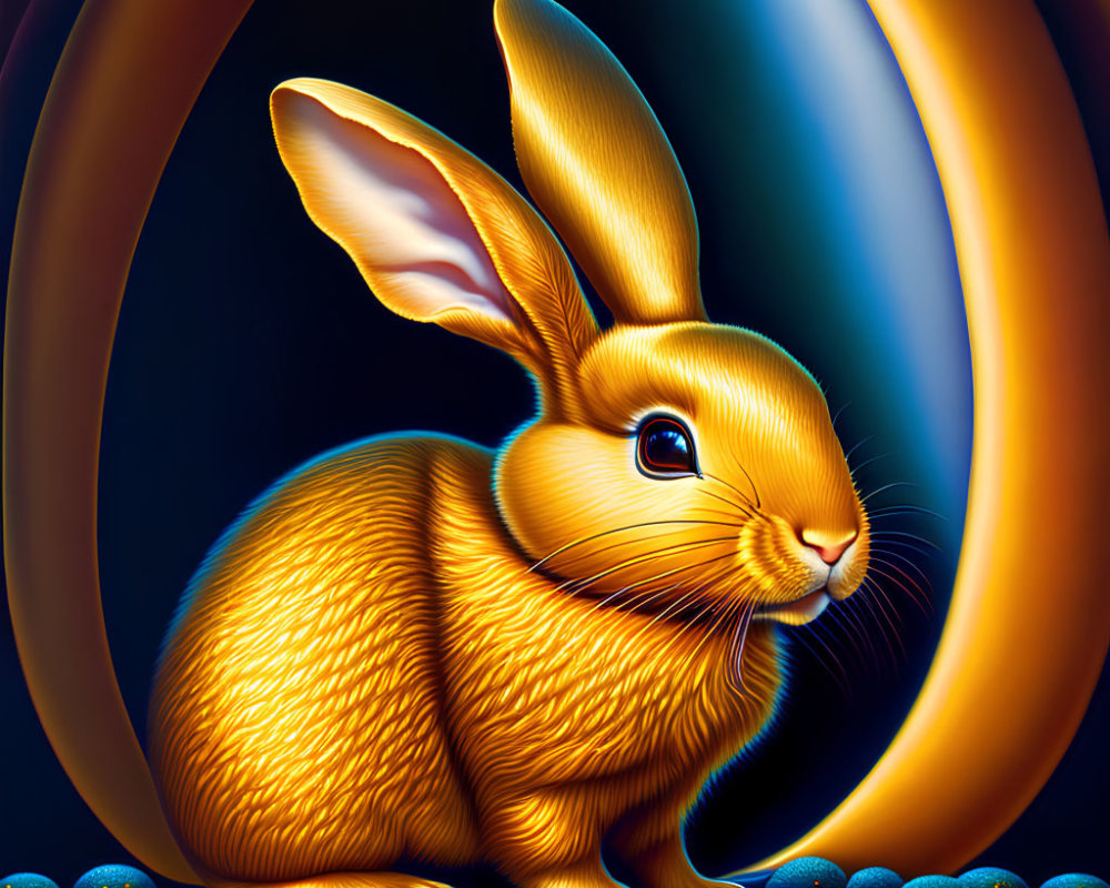 Colorful digital artwork featuring glossy fur orange rabbit with large expressive eyes and long ears on dark background.