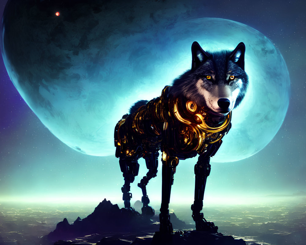 Surreal illustration of mechanical wolf with natural wolf head on alien landscape