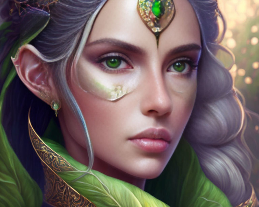 Fantasy female character with pointed ears and gem forehead-piece.