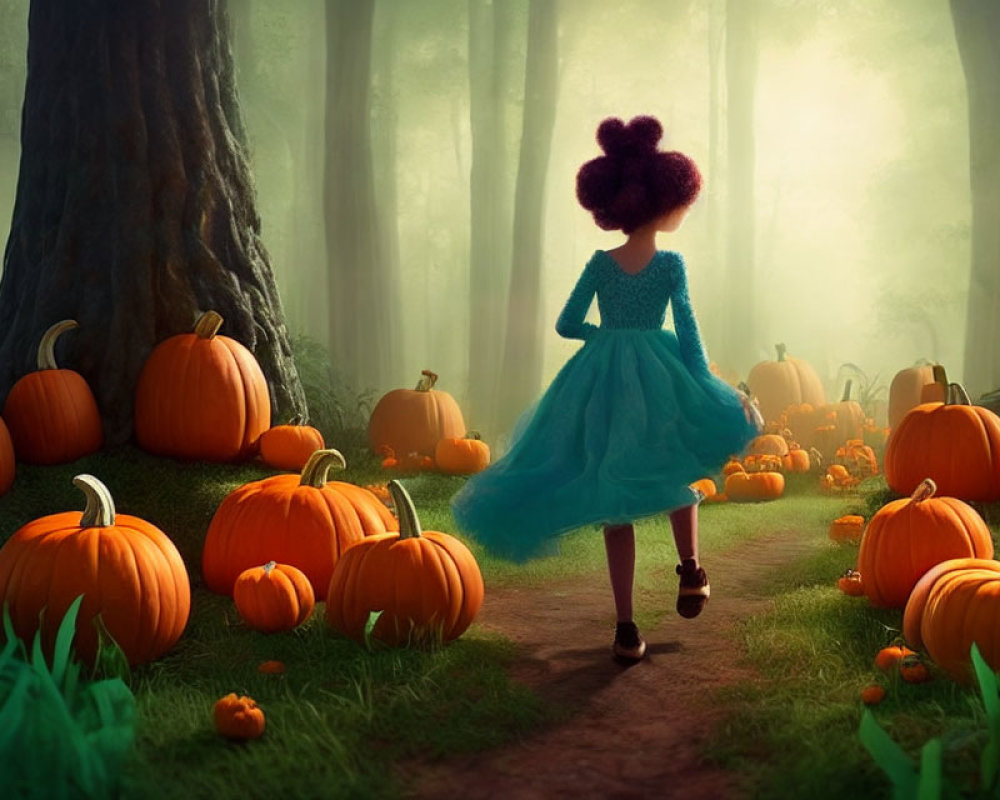 Illustration of girl in blue dress among pumpkins in foggy forest