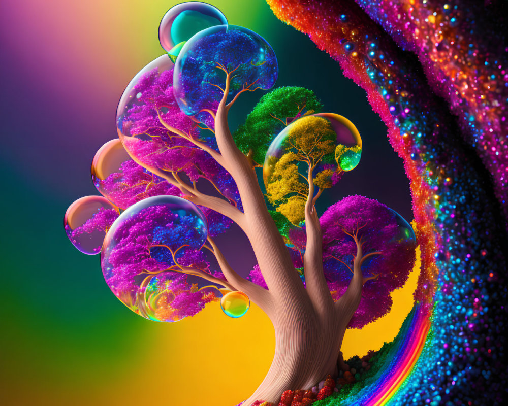 Colorful Digital Art: Psychedelic Tree with Bubble-Like Foliage on Rainbow Background