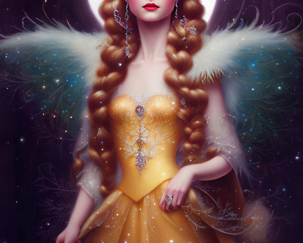 Majestic female figure with wings and crown before glowing orb