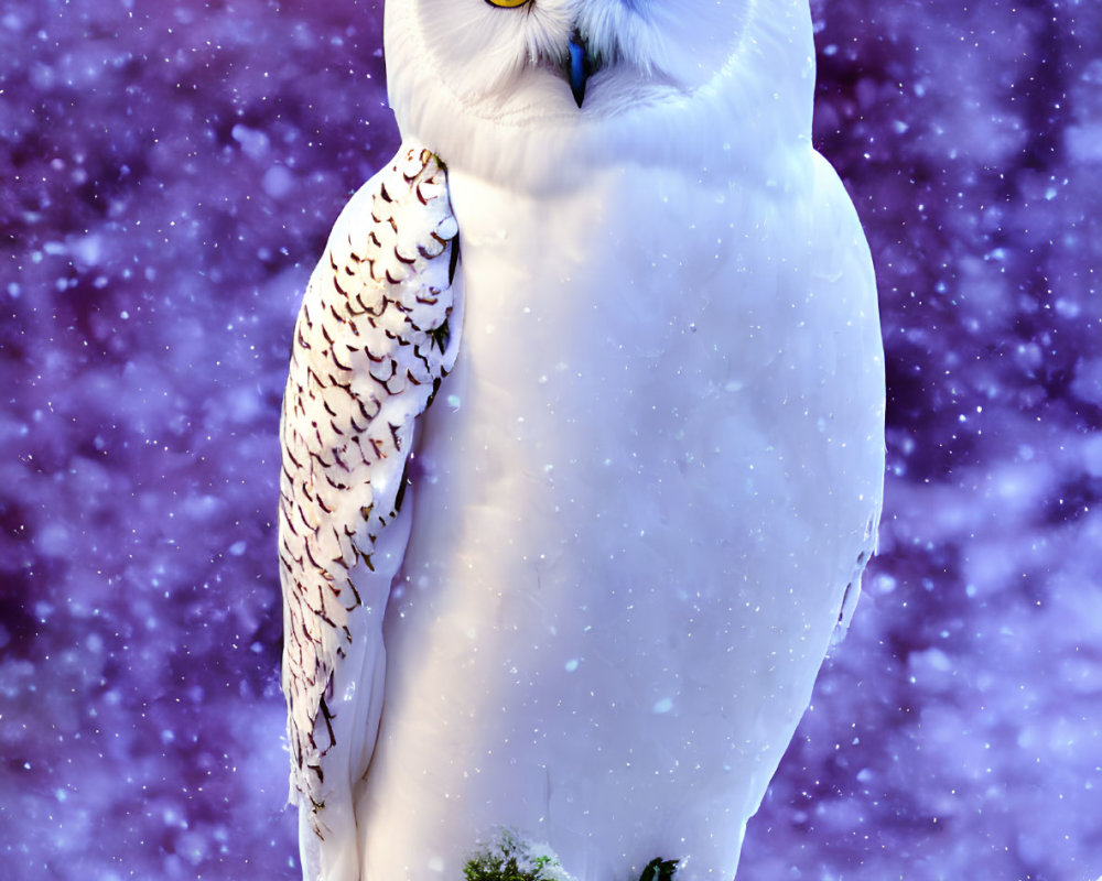 Snowy owl perched on snow-covered branch under purple twilight sky