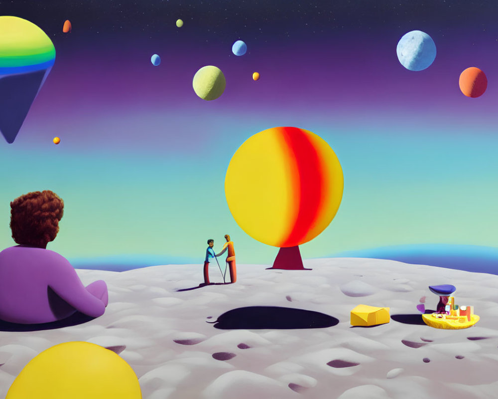 Illustrated scene: Two figures near colorful sphere on alien landscape with picnic setup, another person nearby amidst