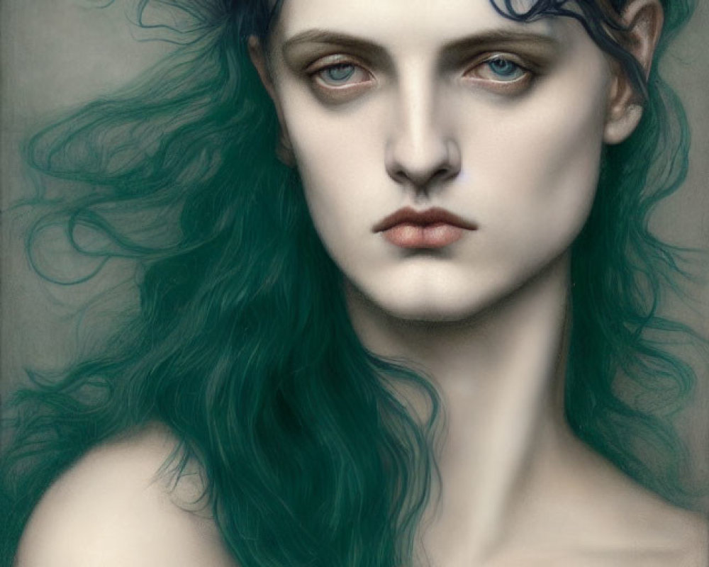 Portrait of person with pale skin, blue eyes, and wavy blue-green hair