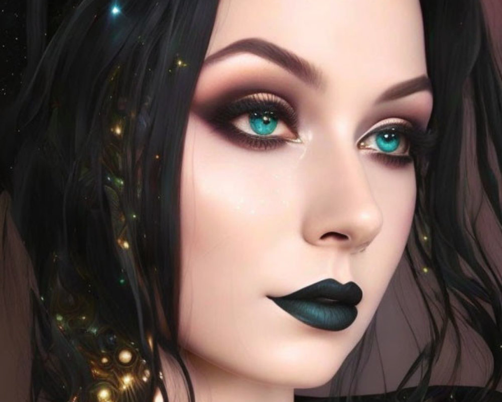 Portrait of Woman with Emerald Eyes and Glittery Makeup