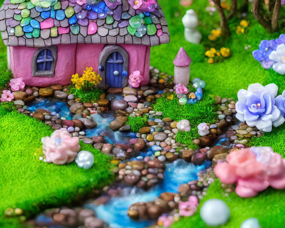 Colorful Stone Cottage in Vibrant Fairy Garden