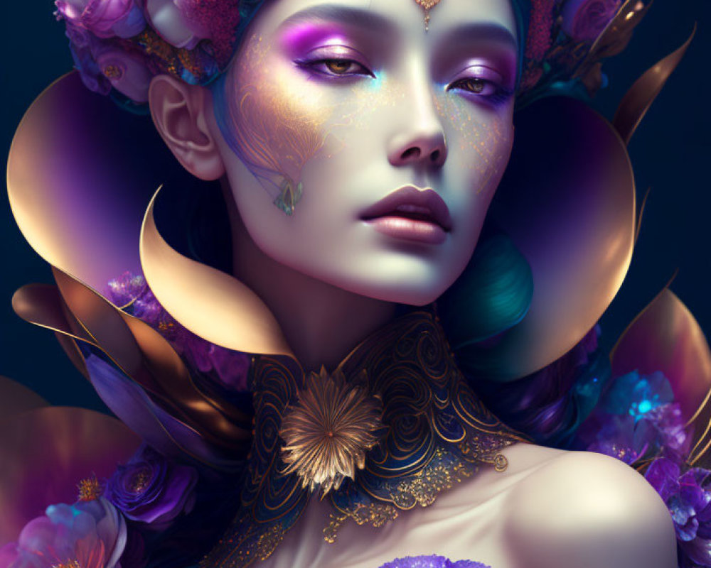 Elaborate floral and ornate digital artwork in vibrant purples and golds