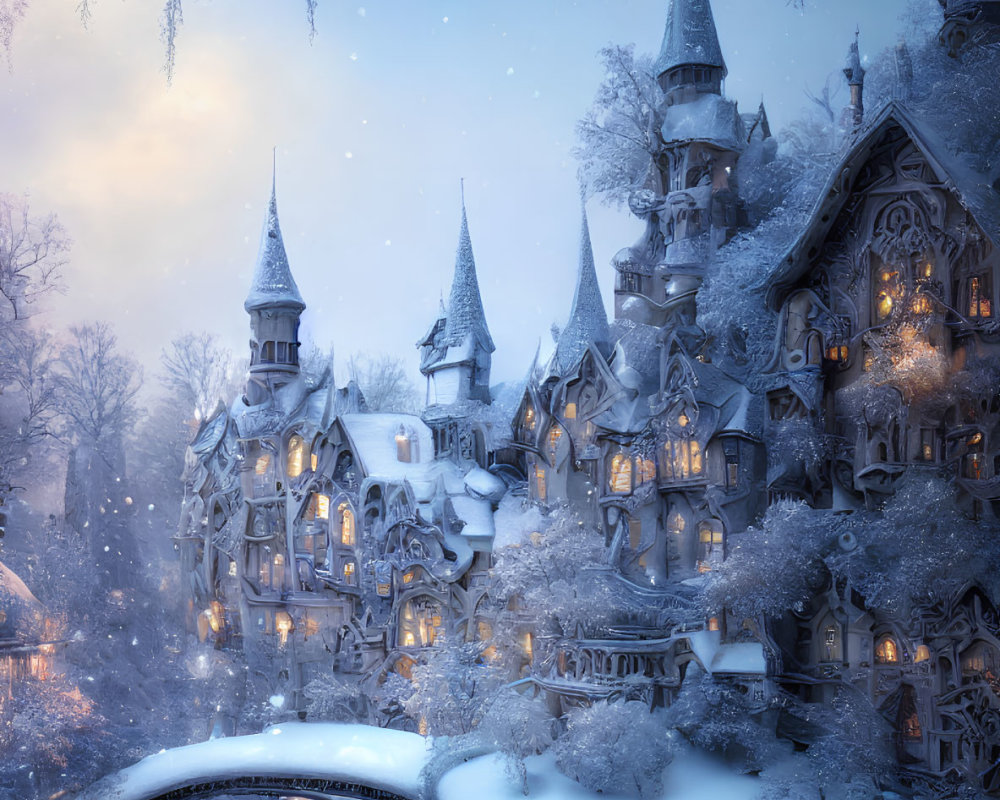 Enchanting snow-covered village with stone bridge at twilight