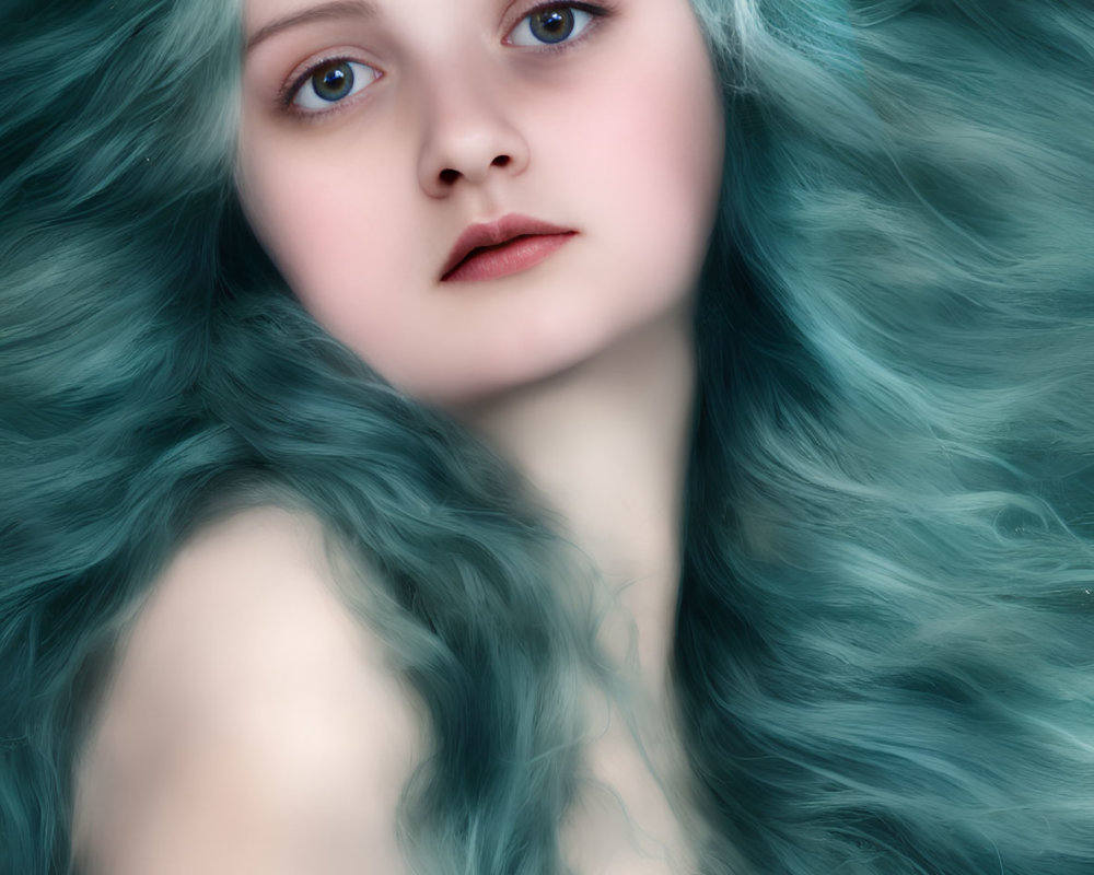 Young woman with teal hair in starry backdrop portrait.