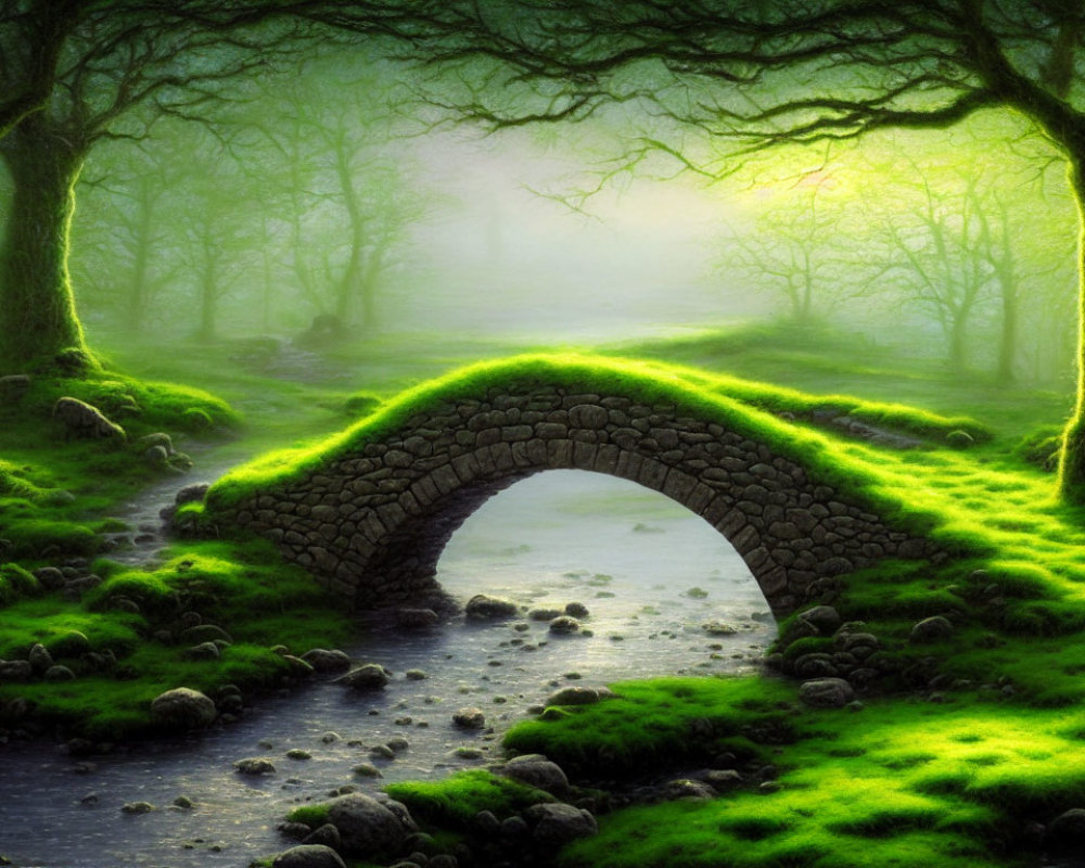 Ethereal forest scene with moss-covered trees and ancient stone bridge in mystical light