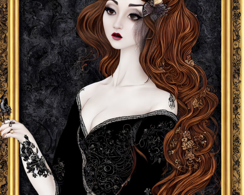 Illustration of woman with red hair in Gothic dress holding key on ornate background