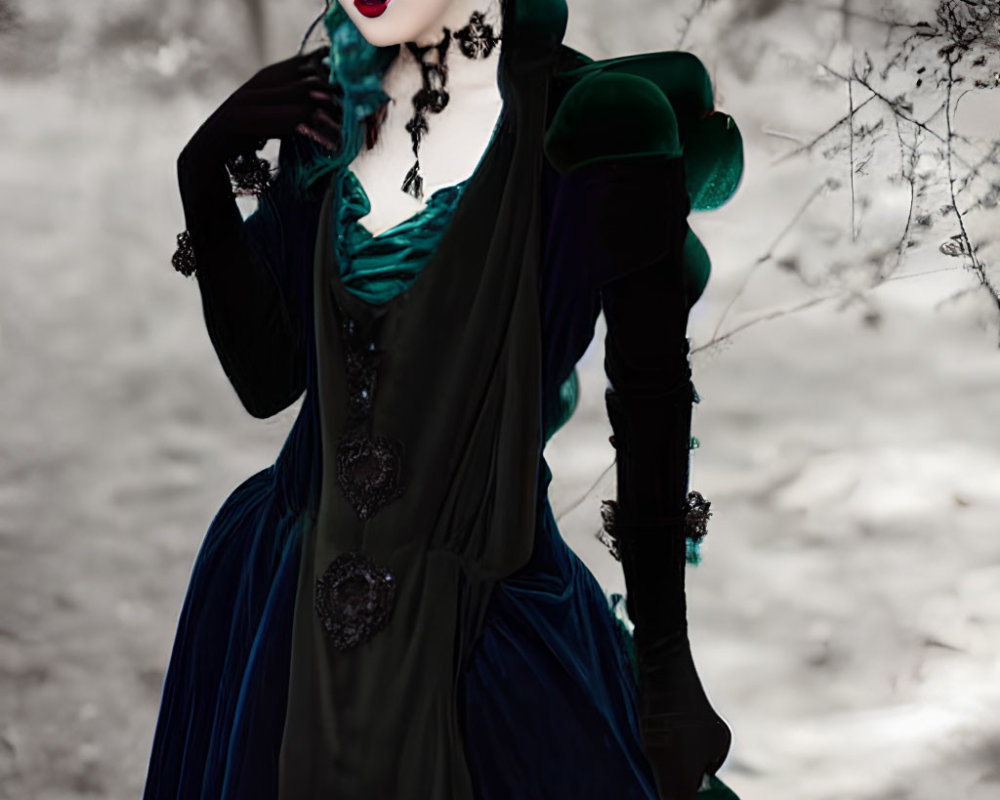 Elaborate Gothic attire with Victorian-style dress in wintry setting