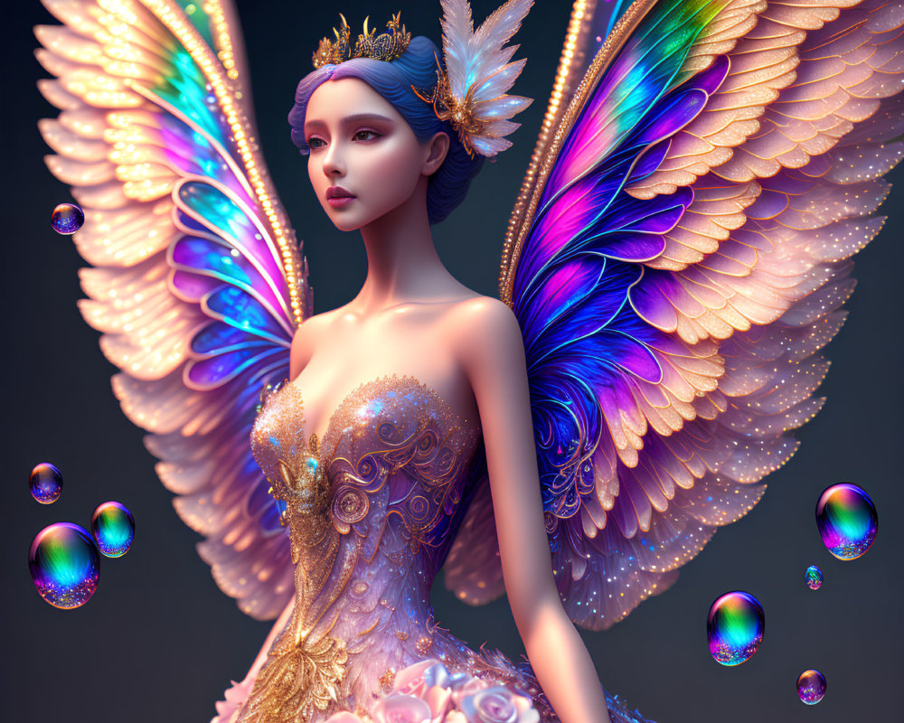 Digital Artwork: Woman with Butterfly Wings and Ornate Dress