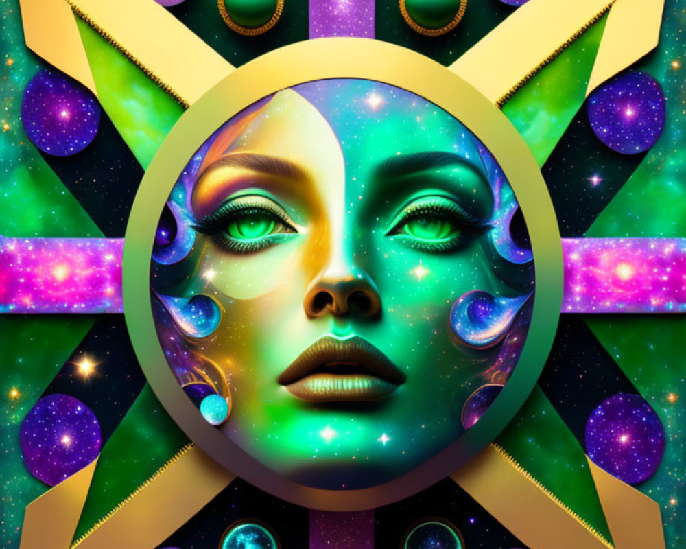 Symmetrical cosmic-themed female face surrounded by celestial bodies and geometric shapes