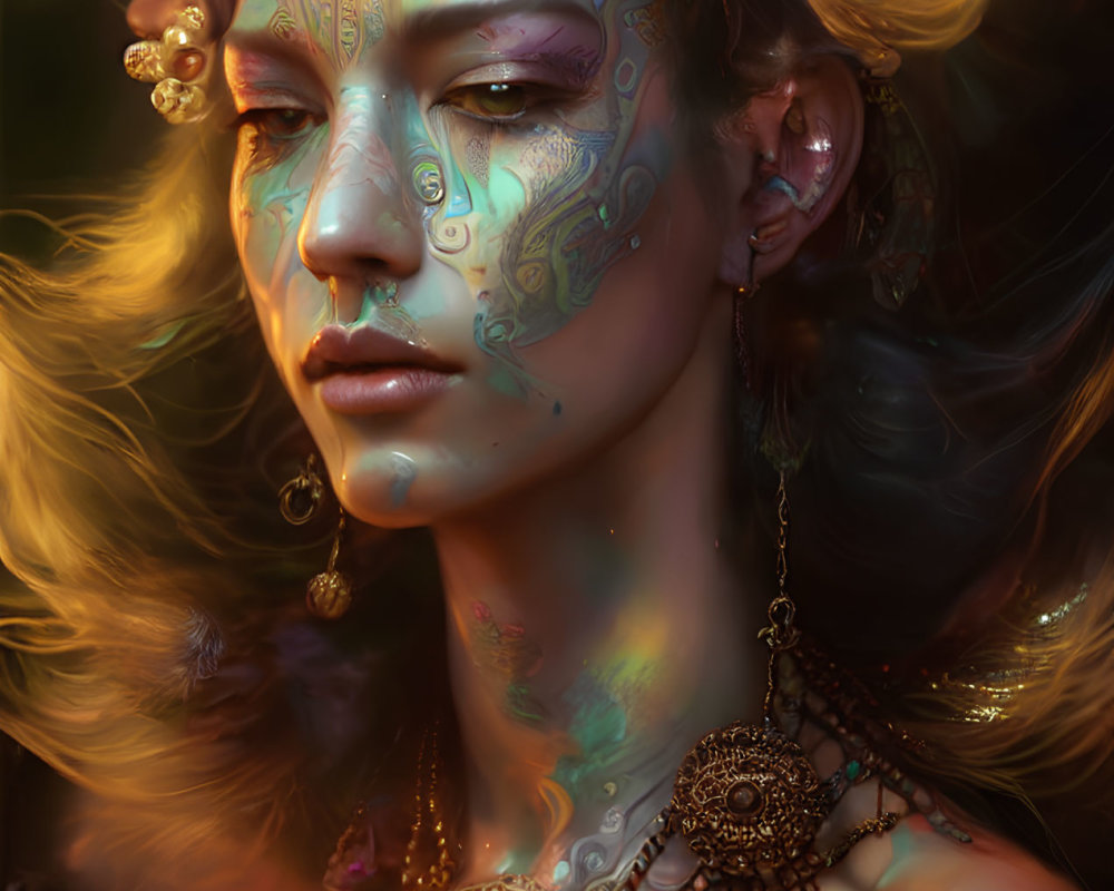 Elaborate face paint and jewelry with gold accents and iridescent patterns