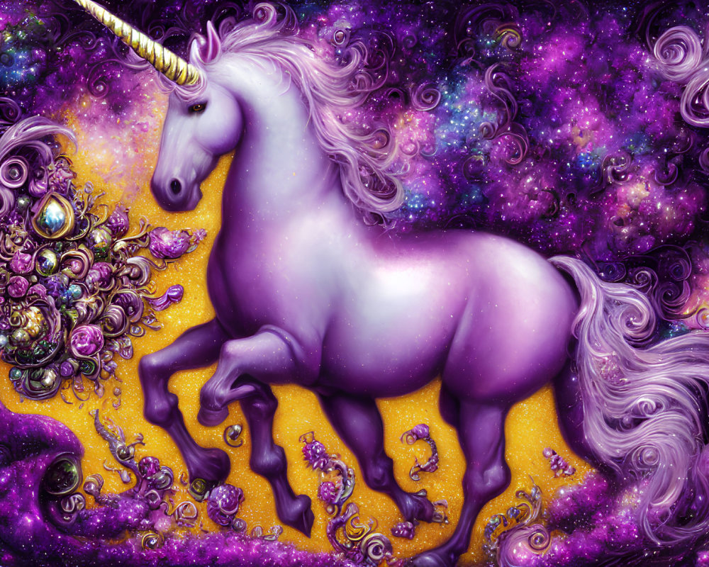 Colorful digital artwork: Purple unicorn with golden horn in cosmic setting