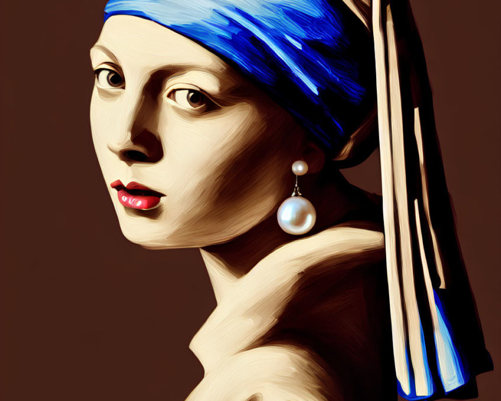 Digital portrait of woman with blue headscarf, pearl earring, and red lips on brown background