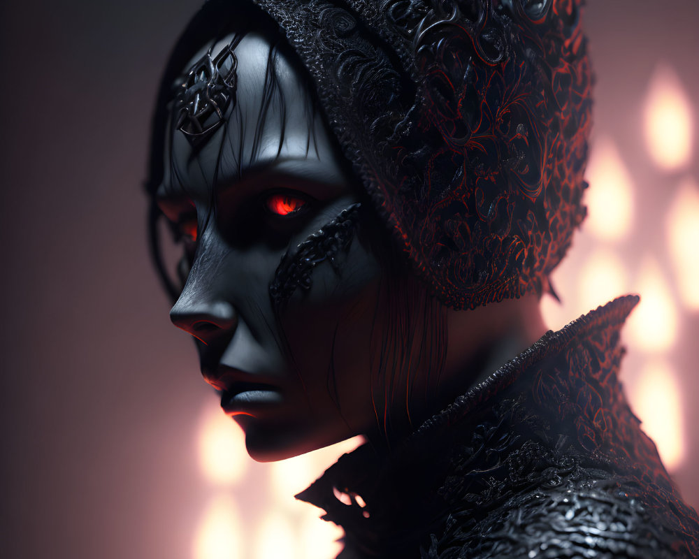 Intricate black headpiece and armor with glowing red eyes in fiery background